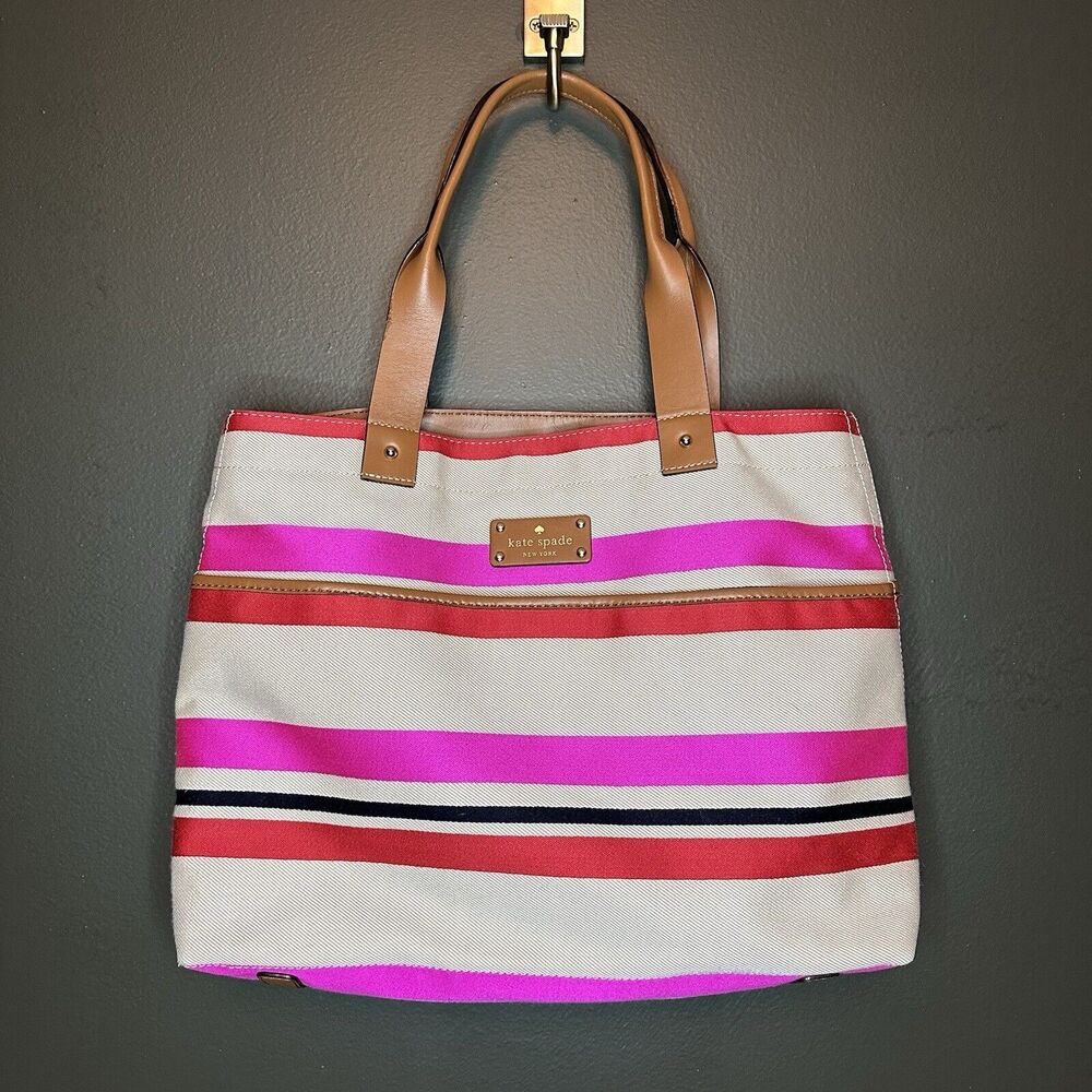 Kate Spade Oak Island Canvas Stripe Leather Trim‎ Magazine Tote Bag
